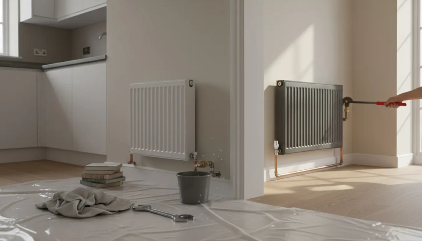 Håndværkeres hænder afmonterer en køkkenradiator mens en ny horisontal radiator monteres i stuen.