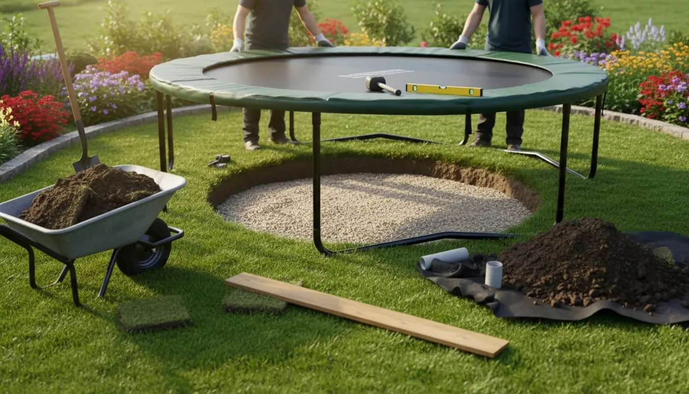 Nedgravet trampolin under installation i en baghave med gravet hul, værktøj og jord i forgrunden.