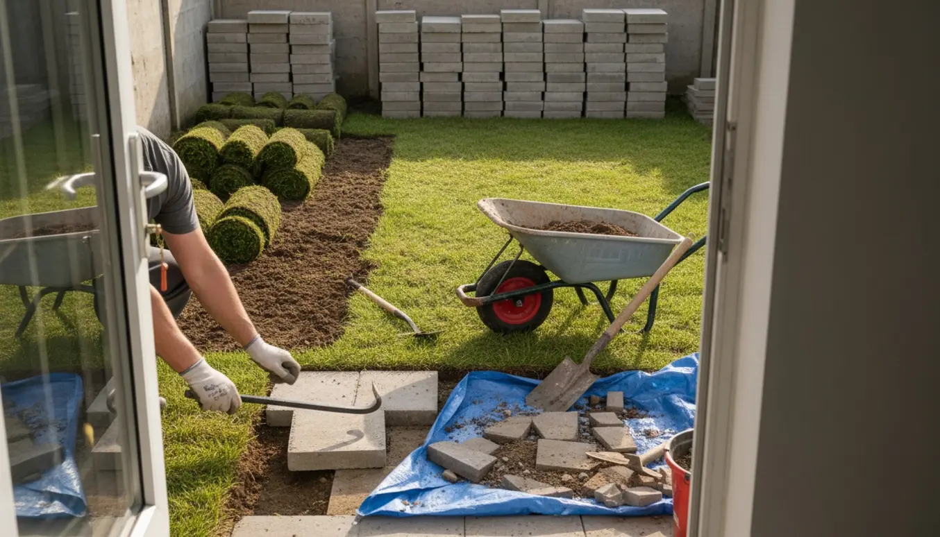 Udsnit af en lille have under oprydning med opgravet græs, stabler af fliser og en trillebør i sollys.