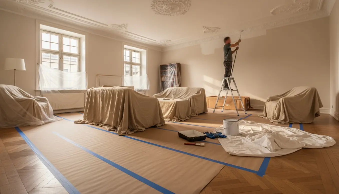 Stue under maling af listeloft med møbler samlet i midten og gulvet dækket til.