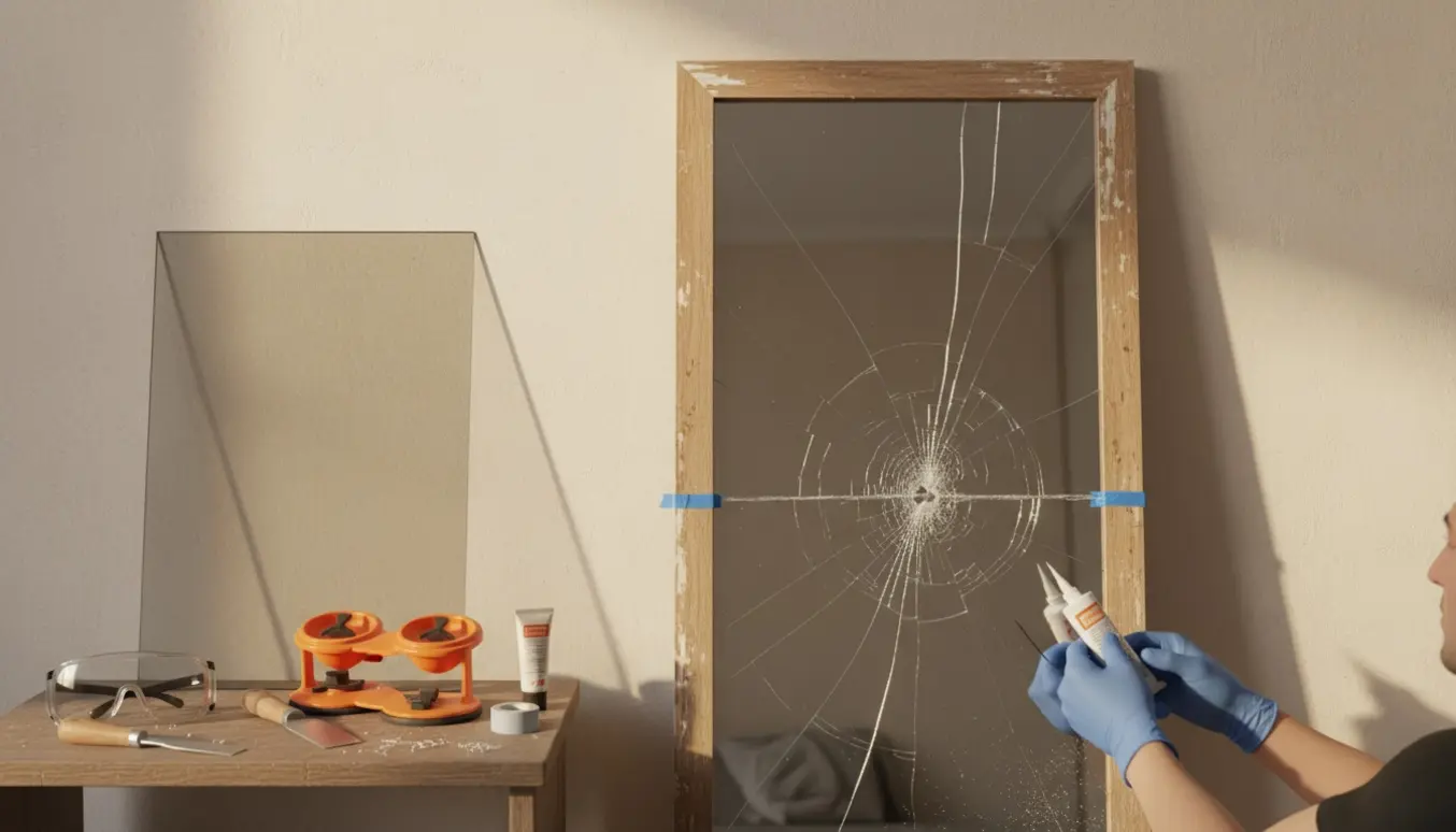 Knækket stående spejl under reparation med handsker og reparationsværktøj i et lyst soveværelse.