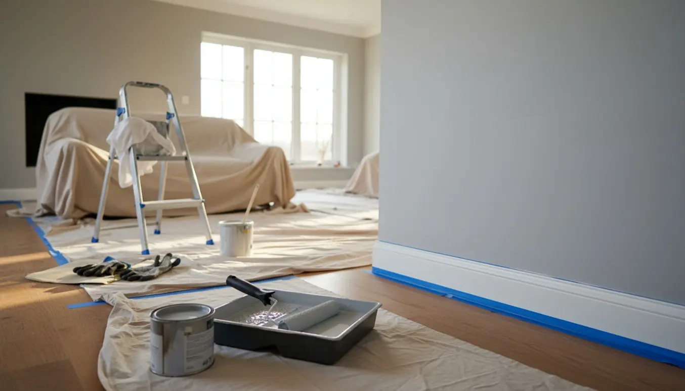 Nymalet stue i et 95 m2 hus med malerværktøj, malerrulle og beskyttelsesdug i naturligt lys.