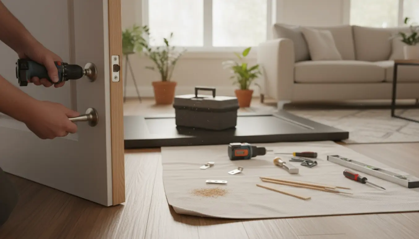 Ny indedør og karm monteres i en stue med hænder og værktøj i fokus.