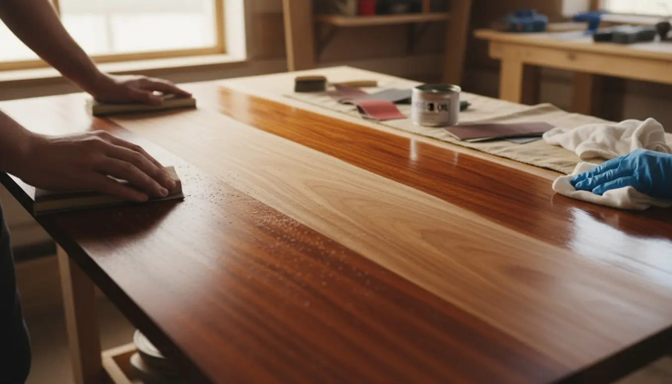 Nærbillede af hænder, der sliber og olierer en mahognibordplade i naturligt lys.