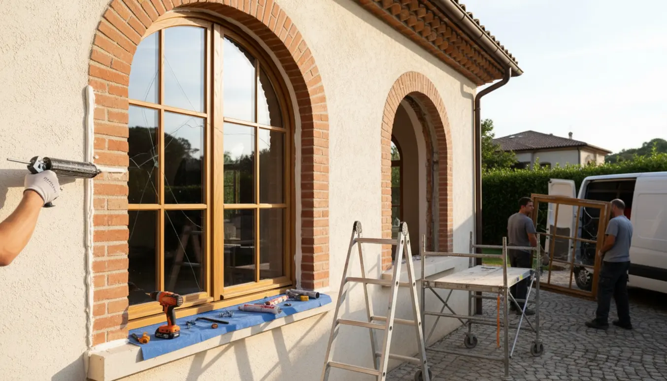 Udvendig udsigt af en villa, hvor et nyt vindue fuges med en fugepistol, mens et andet vindue bæres mod en varevogn til genbrug.