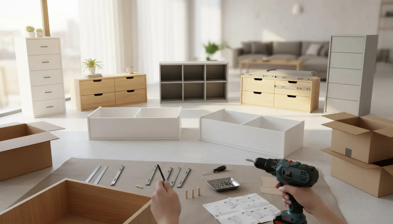 Flere kommoder i forskellige træ- og hvide finishes under samling i et lyst rum med værktøj og hænder i aktion.