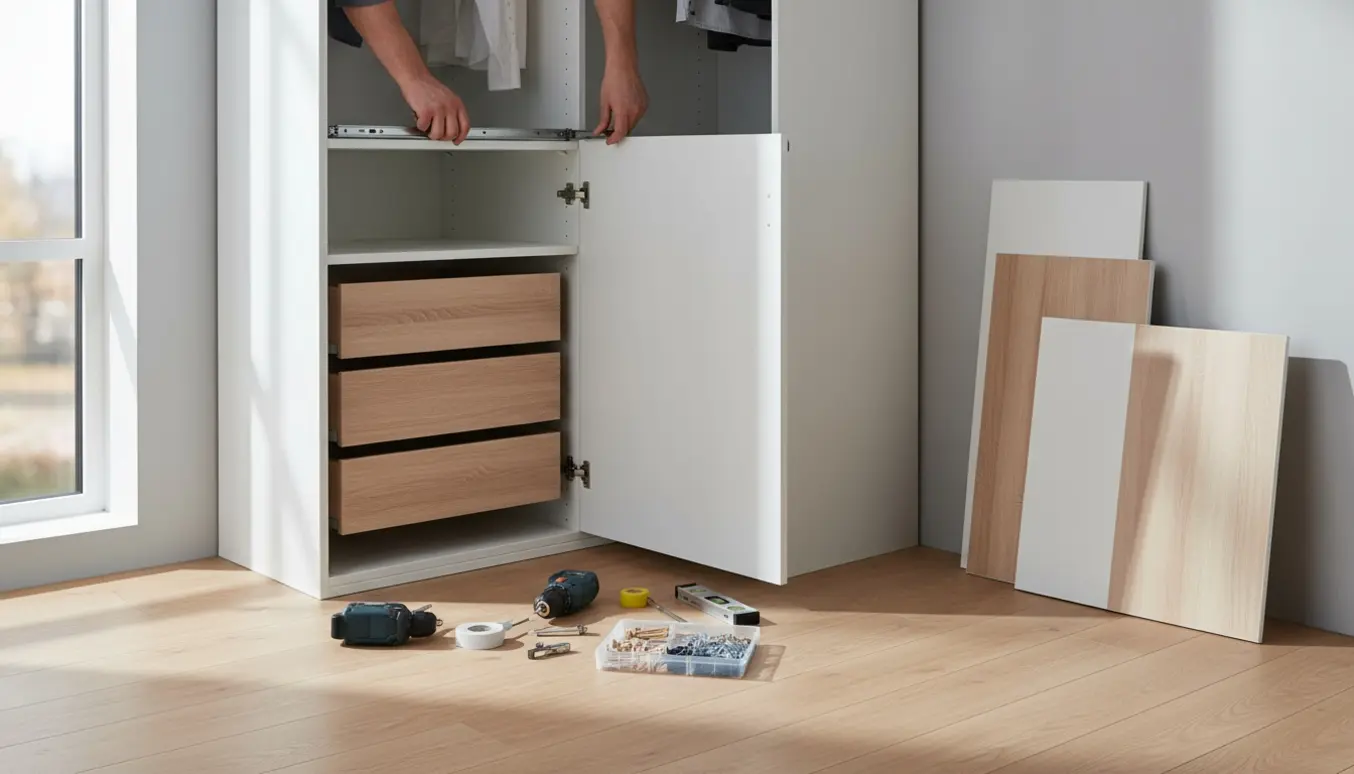 Delvist samlet hjørneskab med hylder og skuffer, hænder monterer indmaden i et lyst rum.