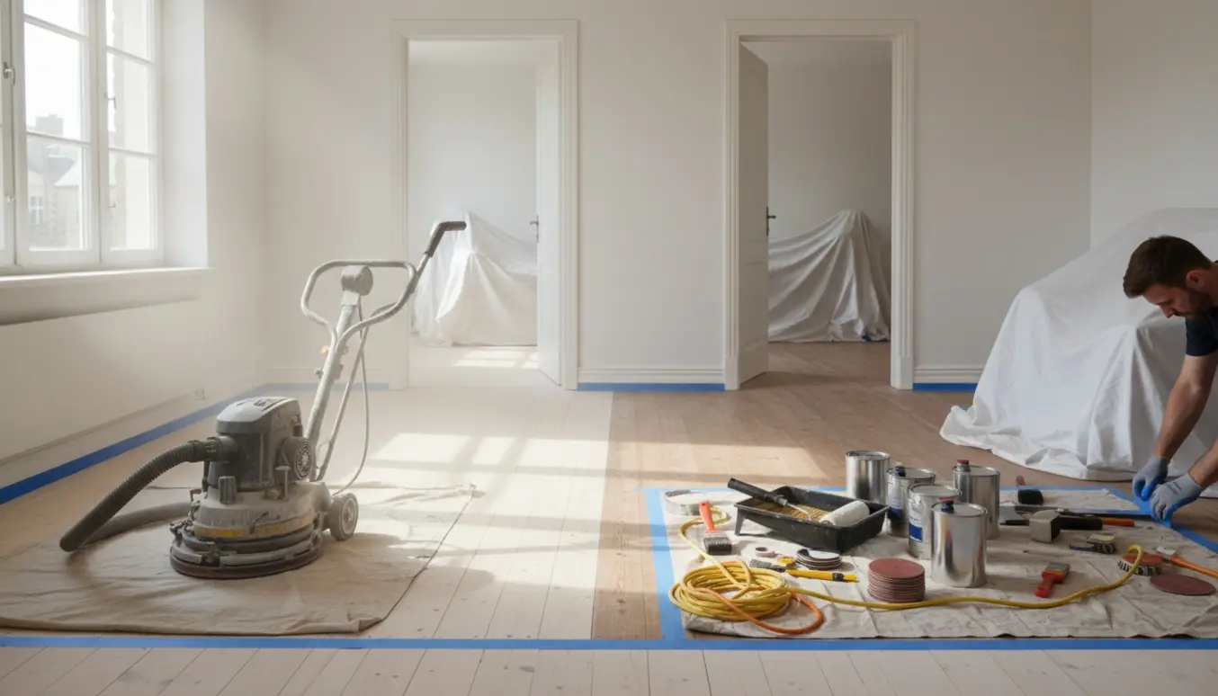 Halvt slebet trægulv i soloplyst lejlighed med gulvsliber og lakudstyr ved åbne døre til to små værelser.