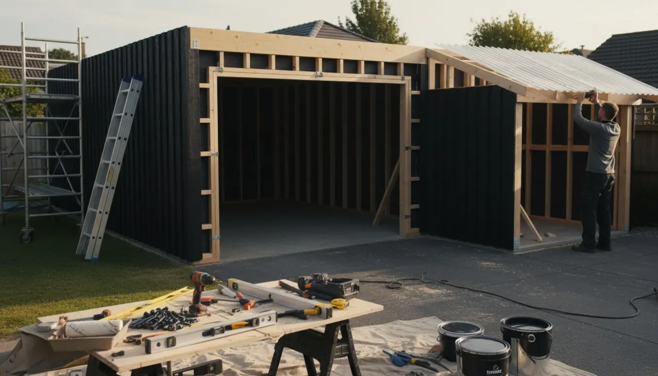 Træcarport ombygges til garage med sortmalet sidevæg og montering af bølgeplast på et lille opbevaringsrum.