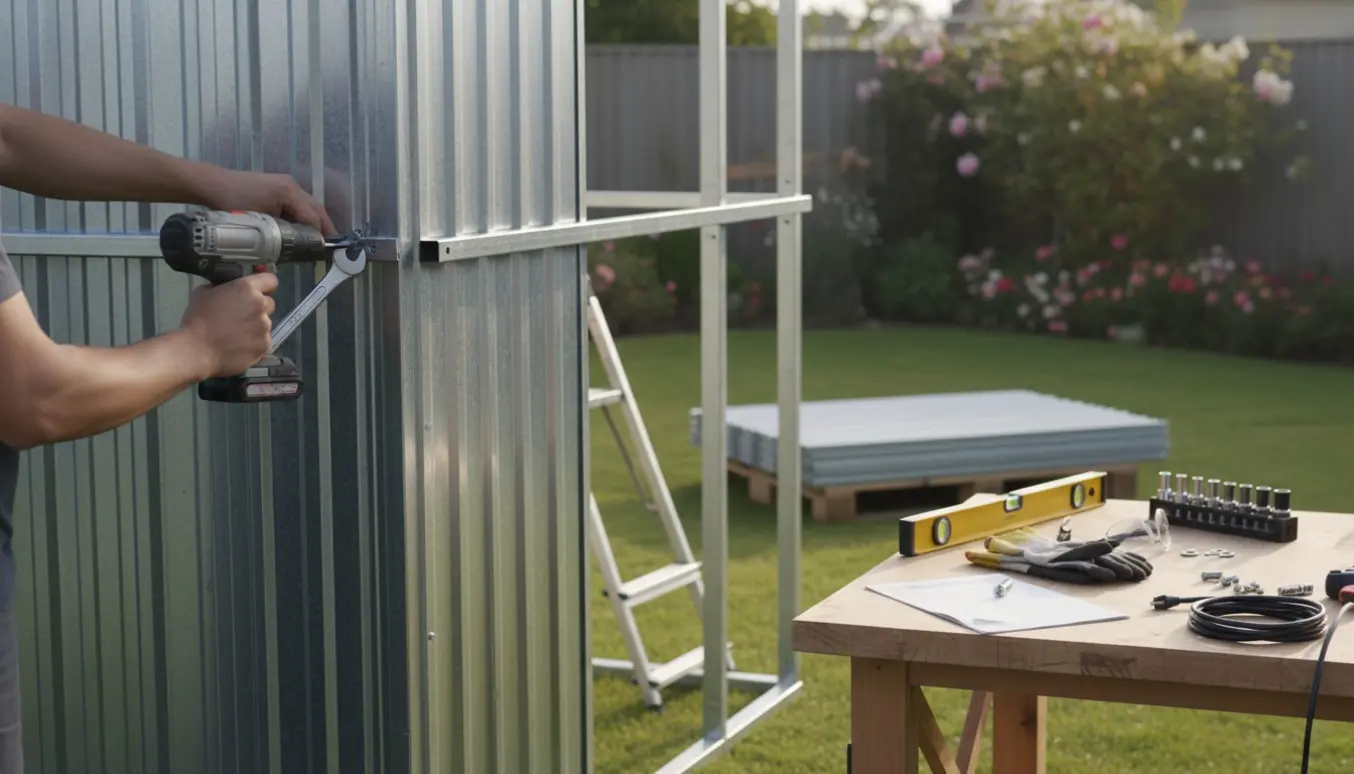 Hænder spænder bolte på et halvfærdigt stålskur i baghaven under blødt dagslys.