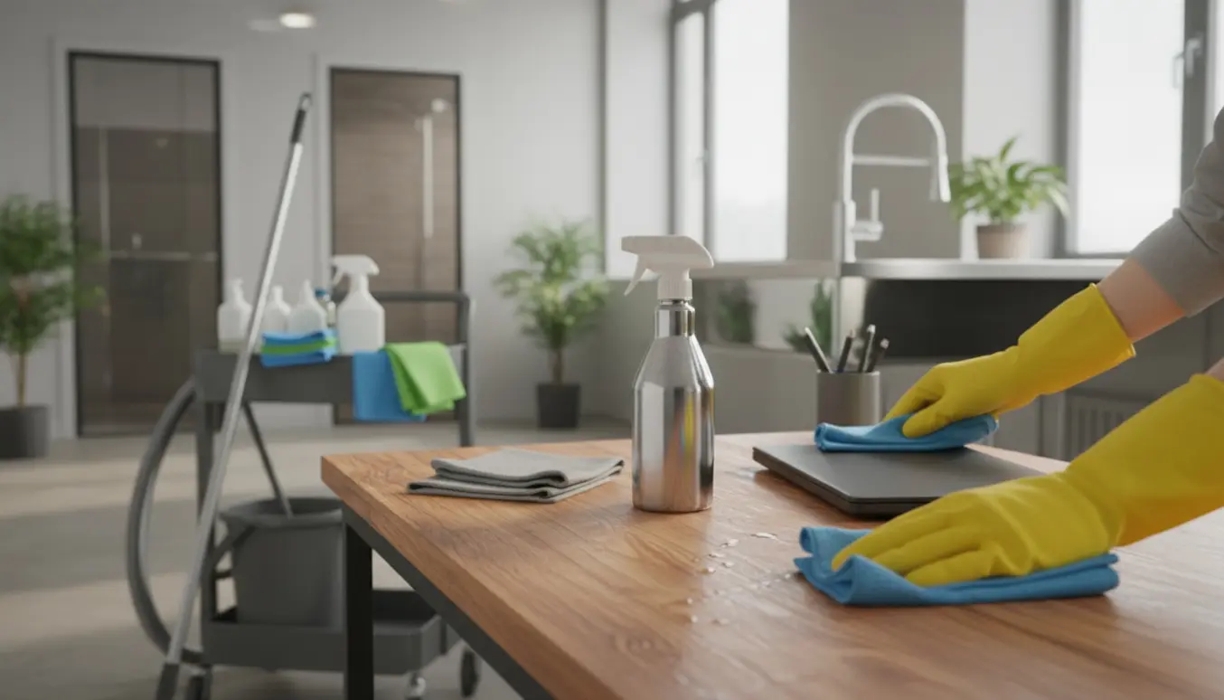 Rengøringsperson i handsker tørrer et skrivebord i et lyst kontor med støvsuger og rengøringsvogn i baggrunden.