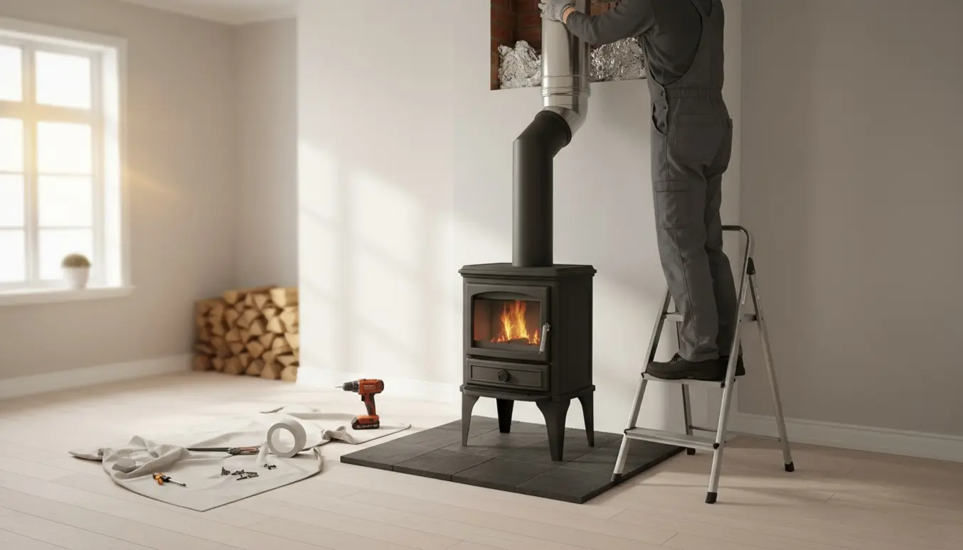 En tekniker tilslutter skorstenrør til en Aduro 9 brændeovn indendørs med isolering og værktøj omkring.