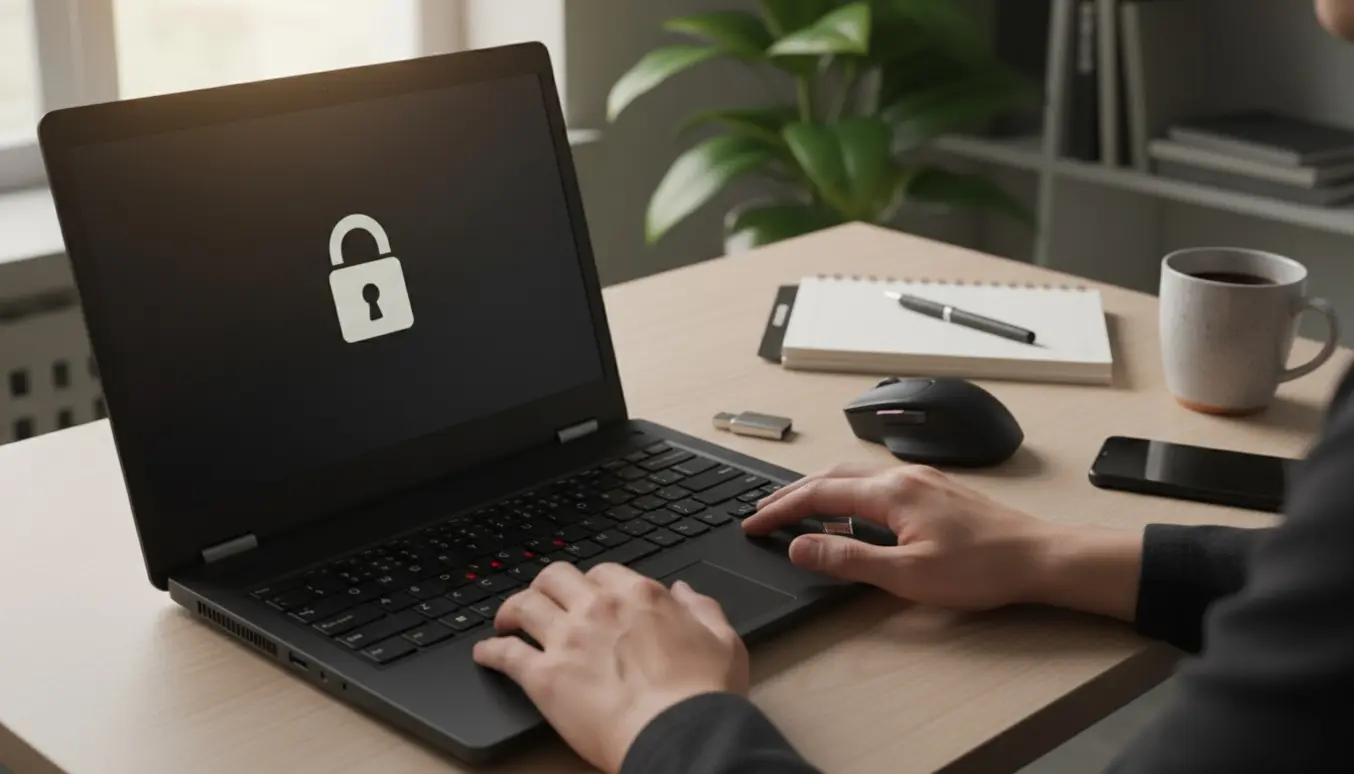 En låst sort bærbar computer på et skrivebord med hænder ved tastaturet og et USB-drev ved siden af.