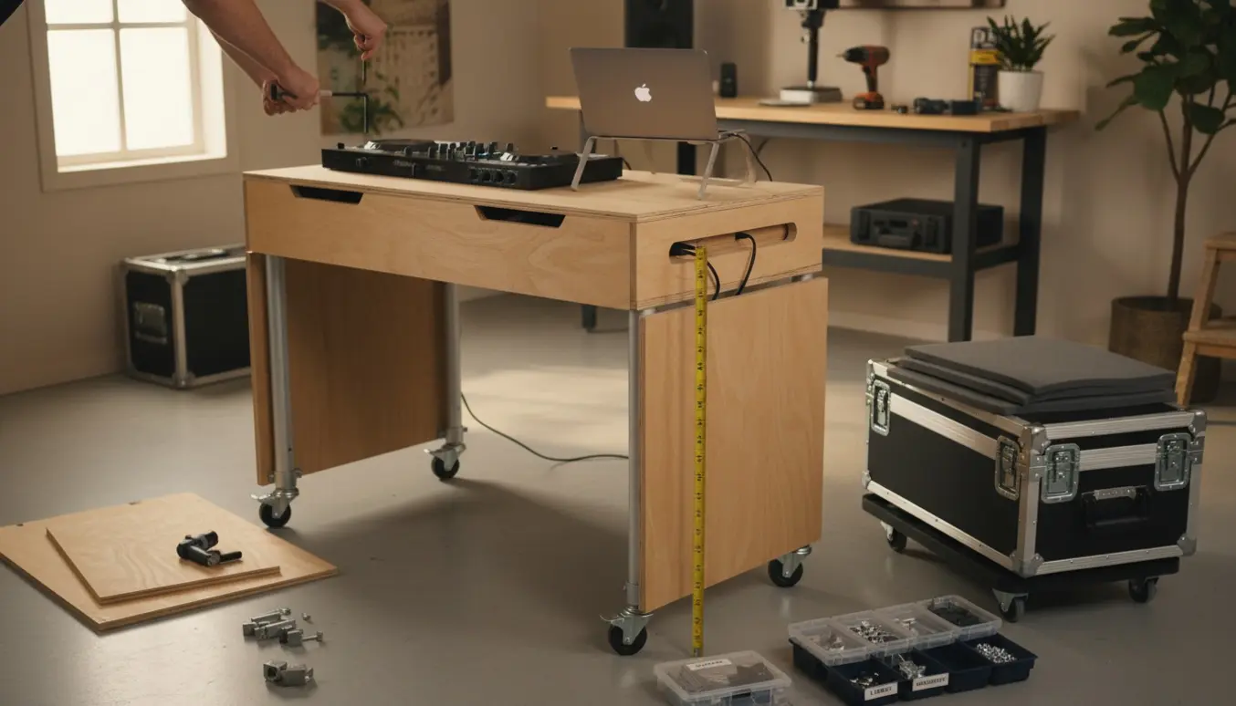 Modulært DJ-møbel under samlet i et lyst garage-studie med udstyr, flightcase og transportvenlige detaljer.