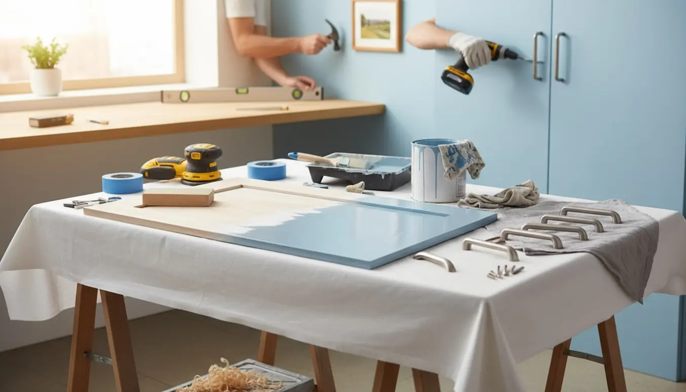 Lyst arbejdsområde med delvist malet skabslåge, værktøj, nye greb og en person, der monterer greb og hænger et billede.