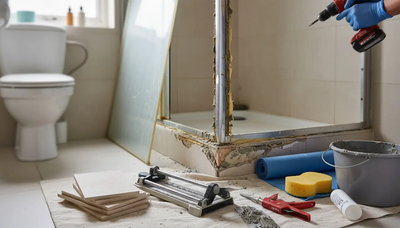 Påbegyndt udskiftning af en bruseniche med fjernet glas, beskadigede fliser og værktøj i et lyst badeværelse.