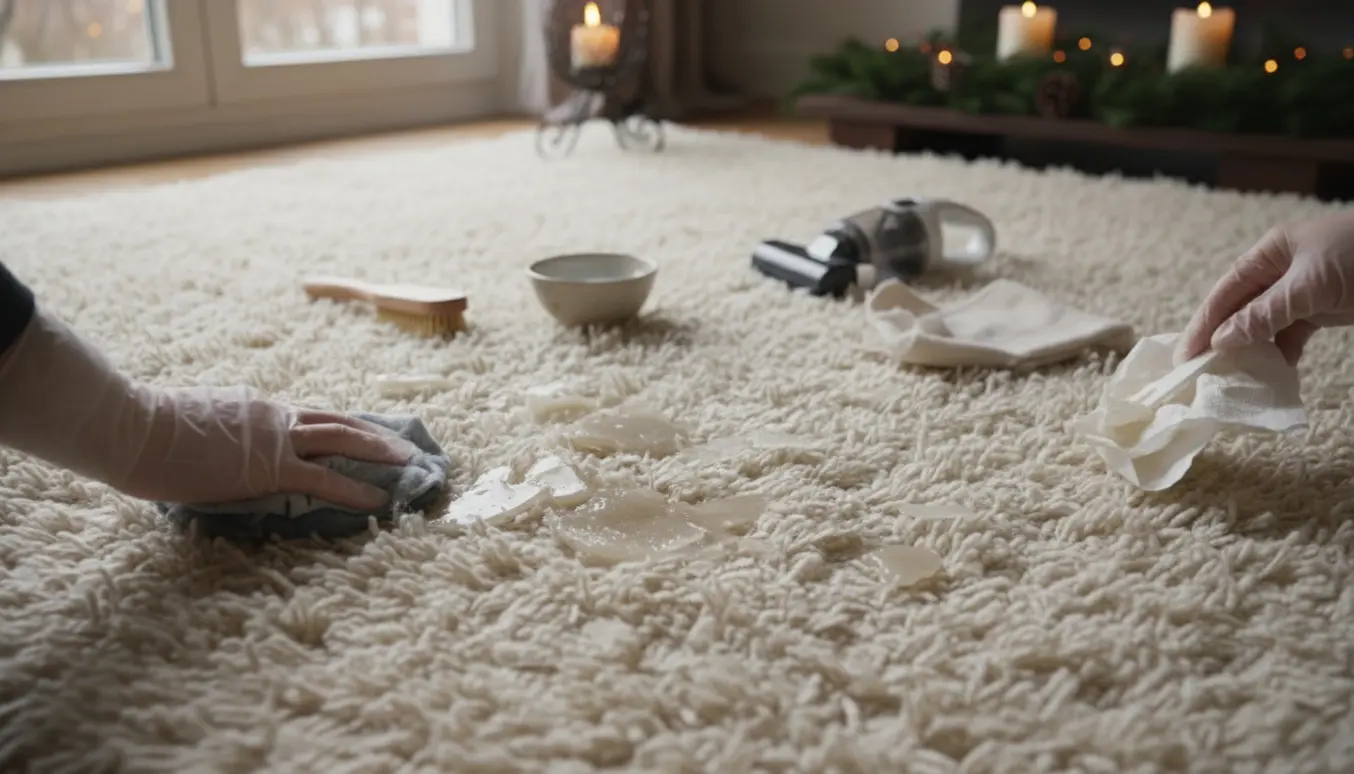 Nærbillede af hænder, der fjerner smeltet stearin fra et stort Rya uldtæppe med ispakke og plastikskraber.