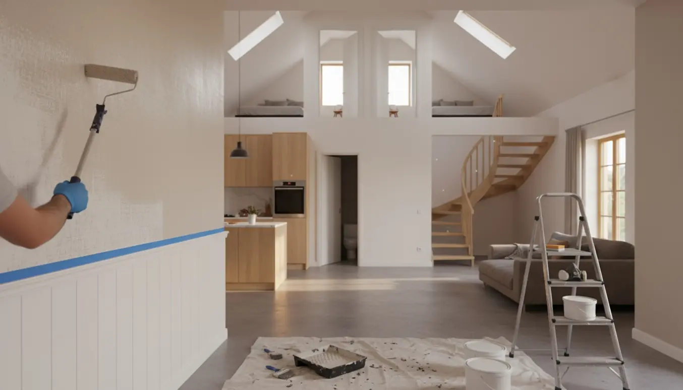 Indendørs malerarbejde i et hus med skråvægge på 1. sal, maler med rulle ved trappe og åbent køkken i baggrunden.