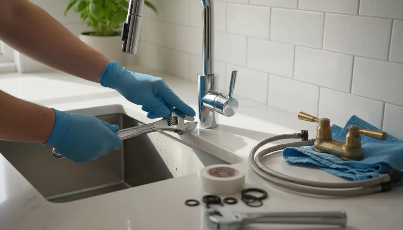 Nærbillede af hænder, der installerer en ny køkkenarmatur ved vasken med værktøj og reservedele.