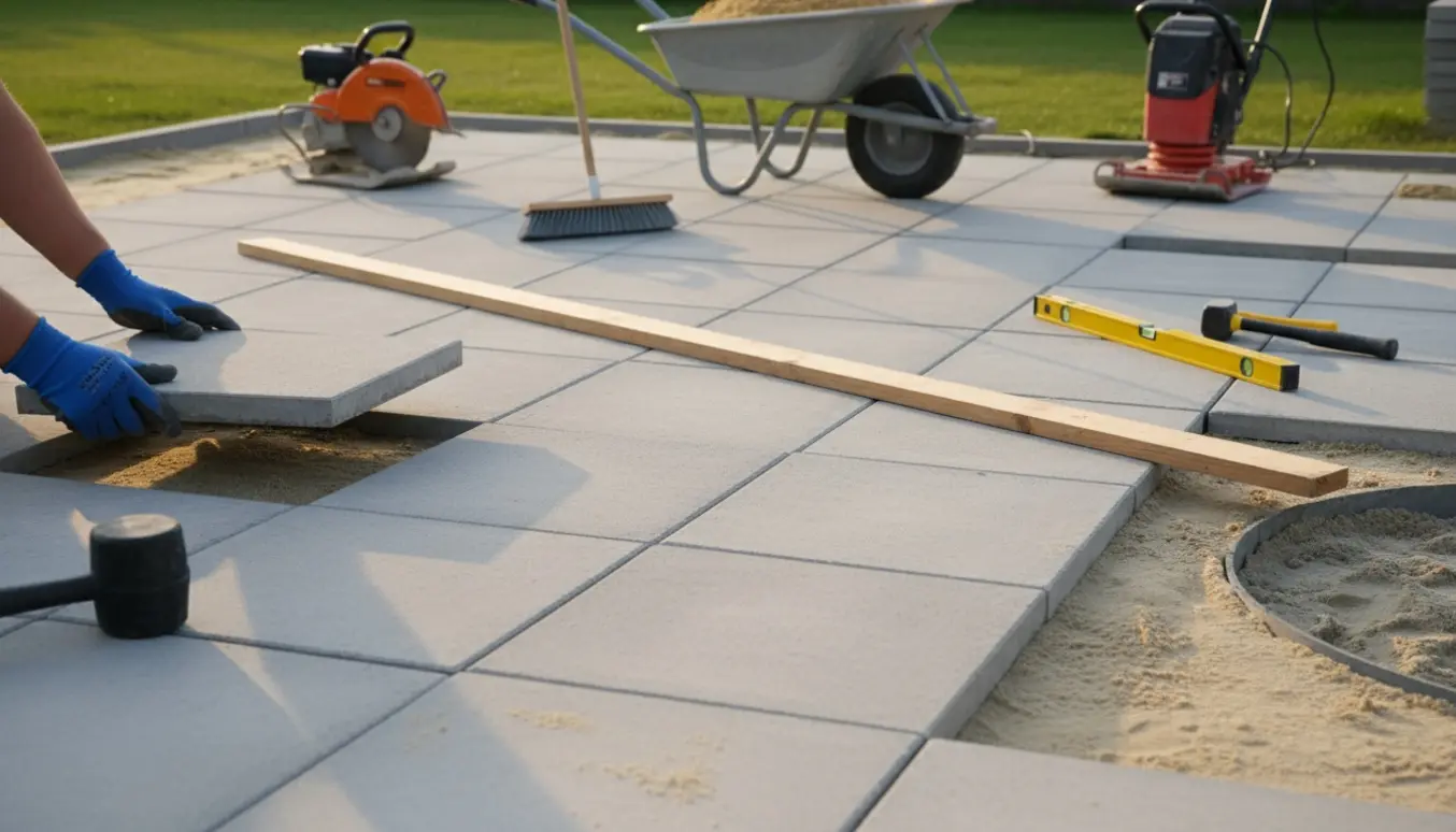 Nylagt terrasse med store kvadratiske fliser på en jævnt udlagt sandbund og værktøj i baggrunden.