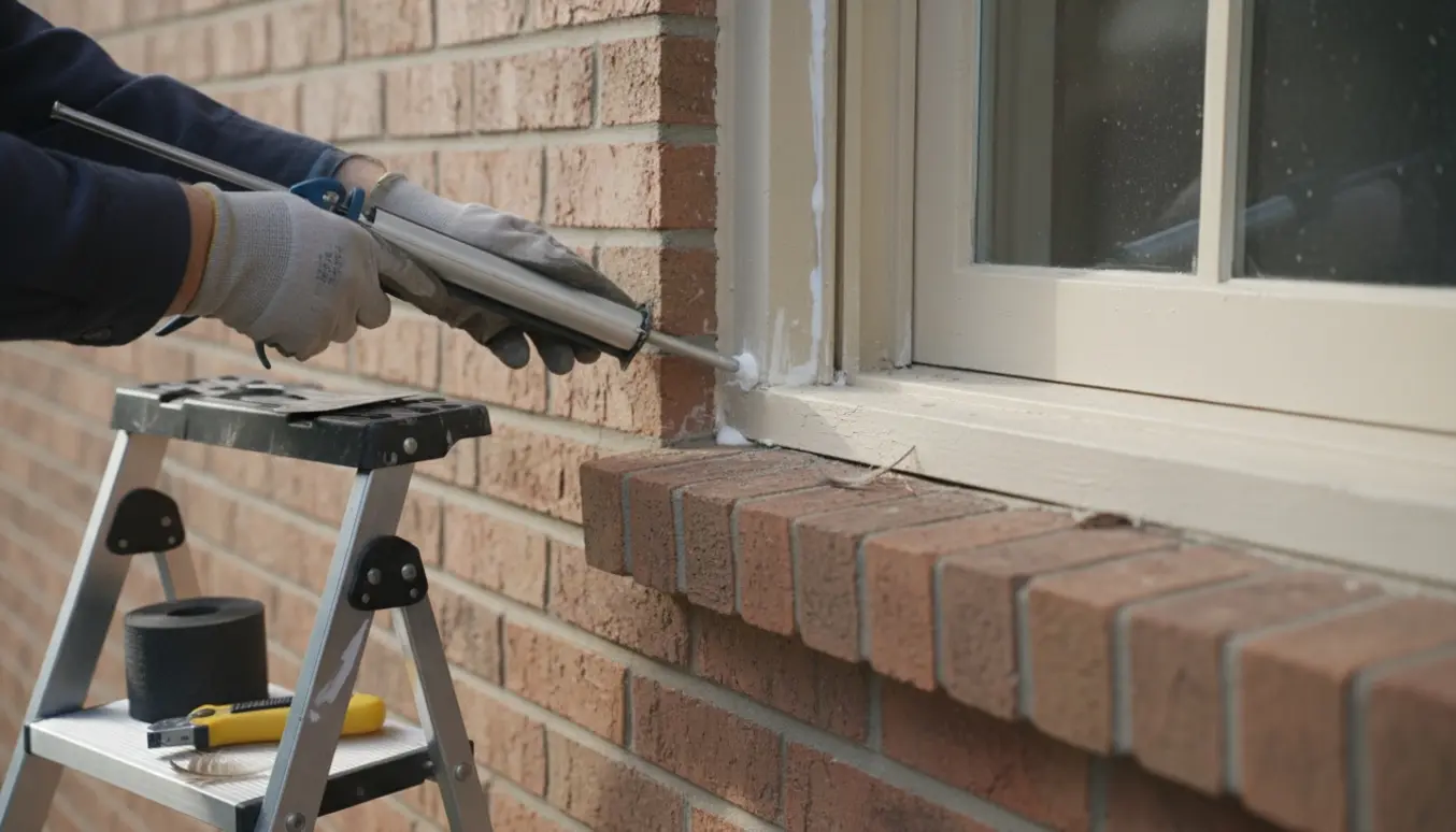 Hænder tætner et 1. sals vindue udvendigt med en fugepistol for at forhindre fugle i at bygge rede.
