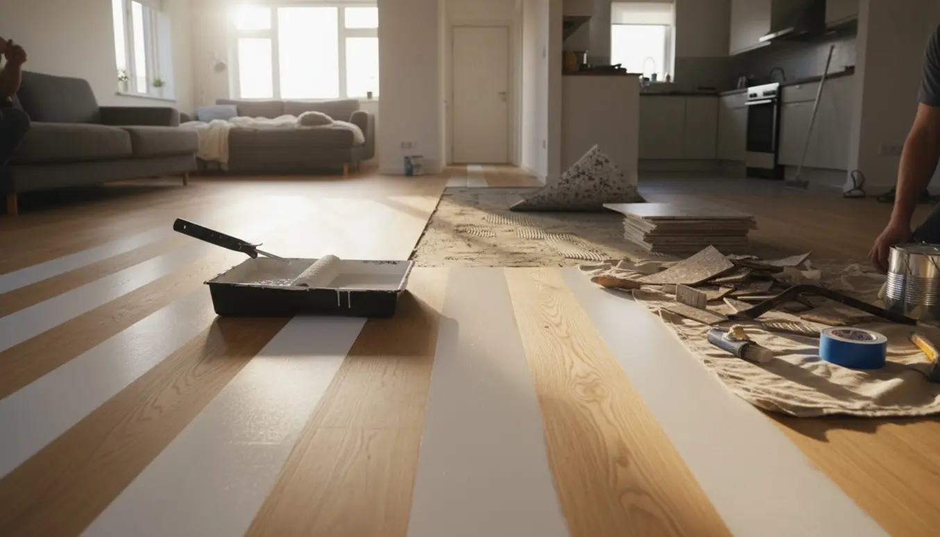 Trægulv under forvandling med hvid maling, malerrulle og fjernet marmoleum i gang og køkken.