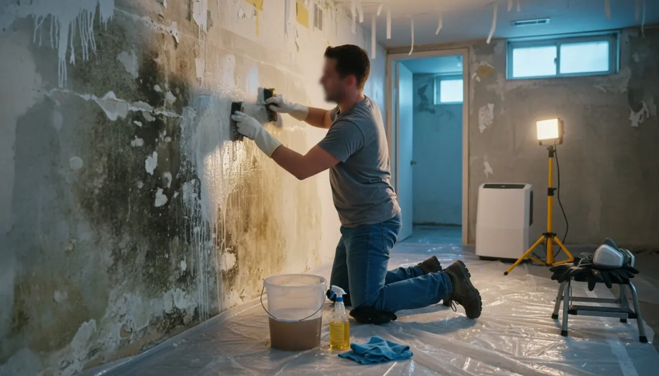 Person skrubber skimmelsvamp af væggene i en villakælder med børste, spand og affugter i baggrunden.