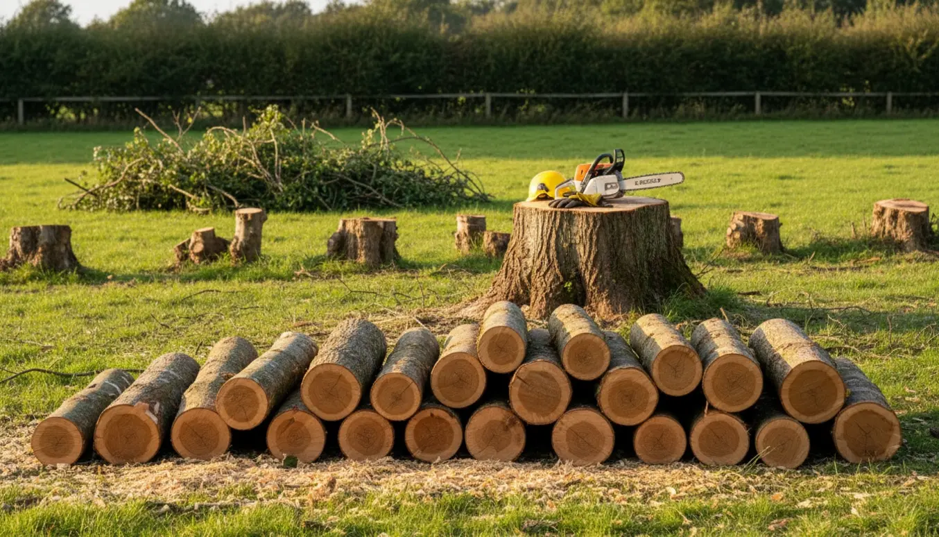 Stablede 2–3 m stykker af nyligt fældet ask og flere tjørne med sav og udstyr ved skovkant.