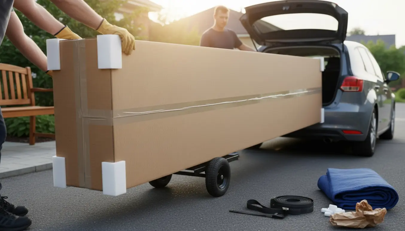 Lang pakke med garderobeskab i original emballage læsses i bilens bagagerum klar til returnering.