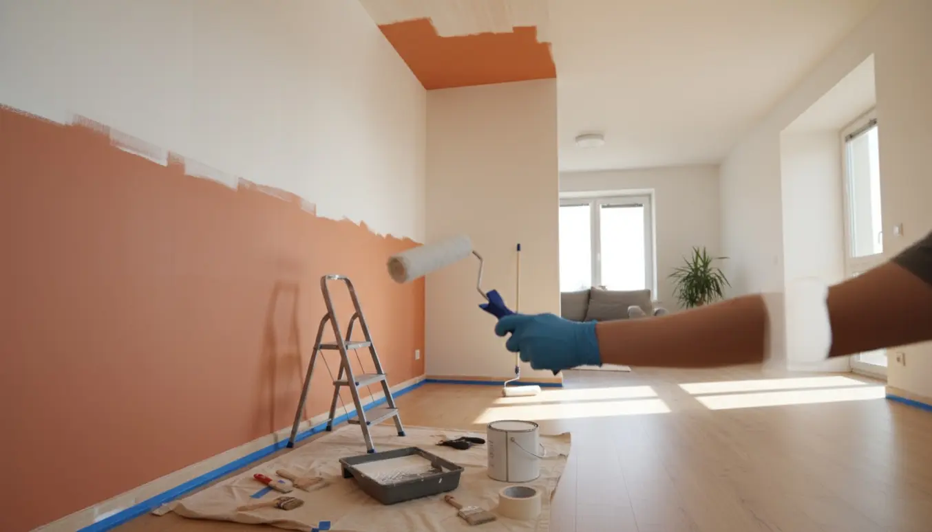 En malerulle påfører hvid maling på en halvmalet væg i en lys lejlighed med stige og afdækningsplast på gulvet.