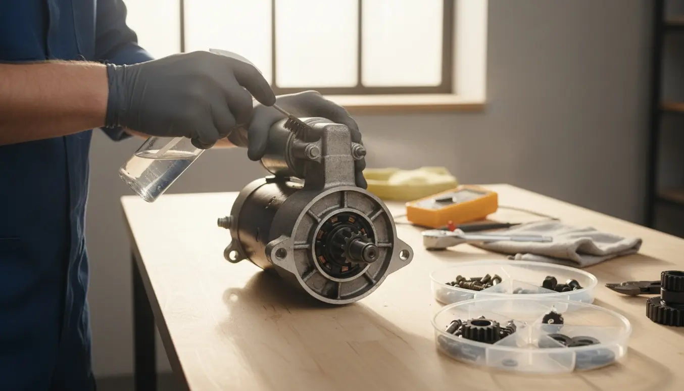 Afmonteret dieselstartmotor på et værkstedsbord, hvor en mekaniker renser og inspicerer delene.