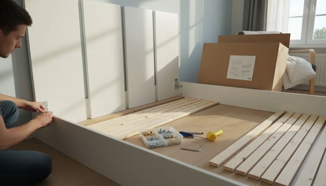 Delvist samlet hvidt panel-seng i et lyst soveværelse med værktøj og samledele spredt omkring.