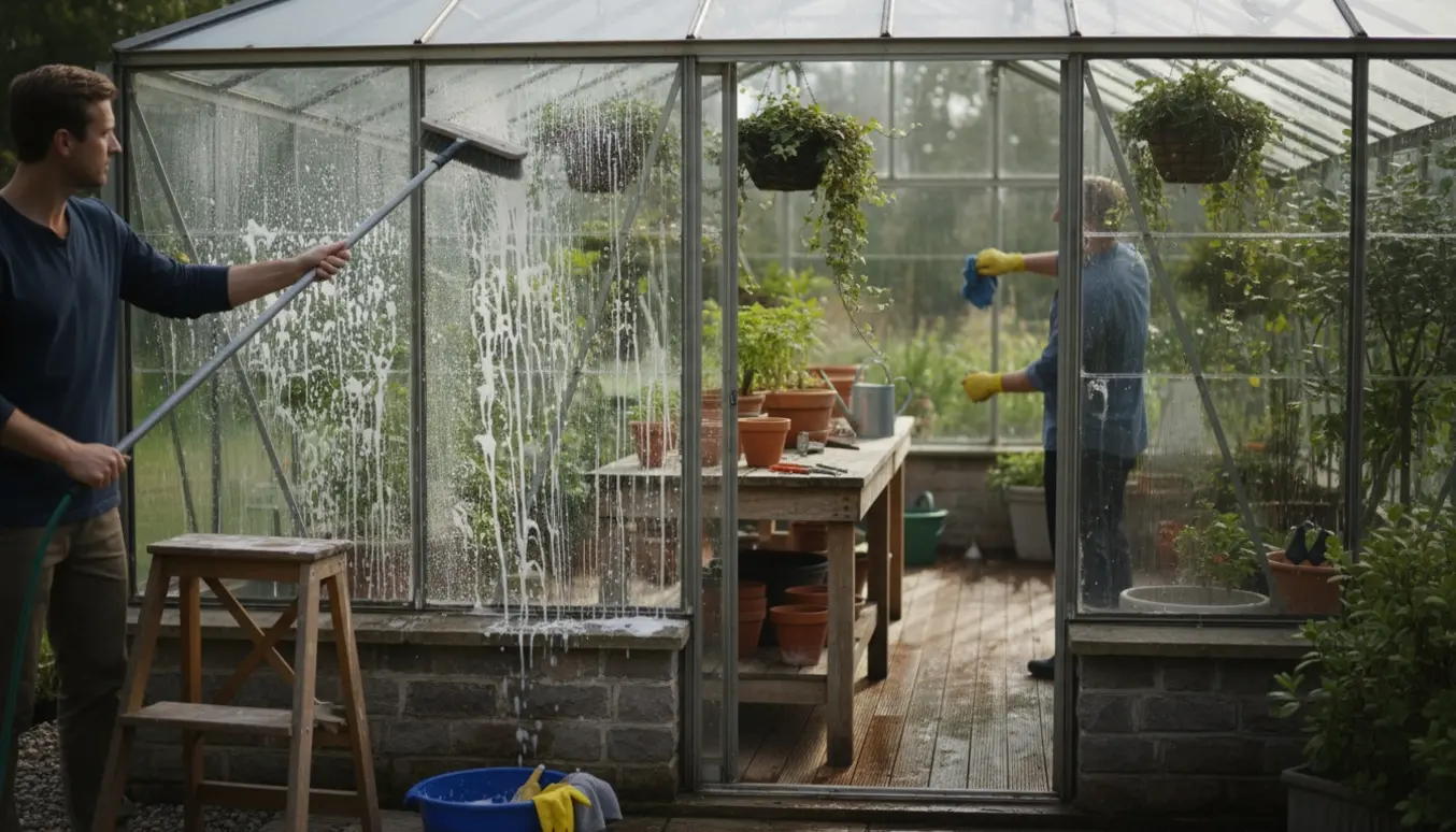 Nærbillede af udvendig og indvendig rengøring af et drivhus med børste, vandslange og vinduesvisker.