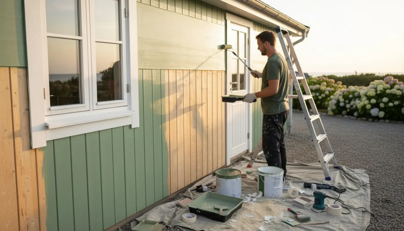 Sommerhus i træ under maling med grønne vægge, hvide vinduer og døre, værktøj og slibning synligt.