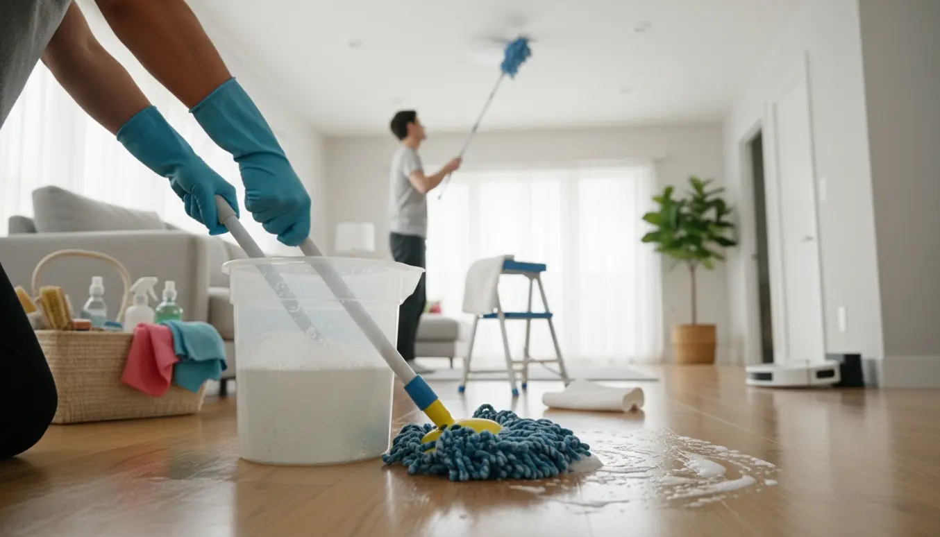 Hænder mopper et lyst trægulv mens en forlænget støvekost fjerner støv fra et hvidt loft i en solbeskinnet stue.
