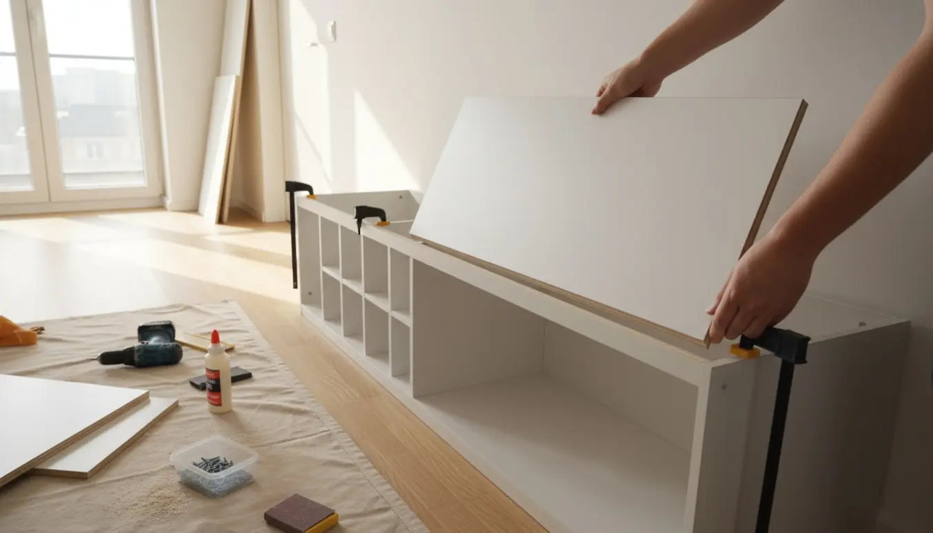 Hænder monterer en lang MDF-opbevaringsbænk med to rum og front skåret i 30° smig i et lyst lejlighedsmiljø.