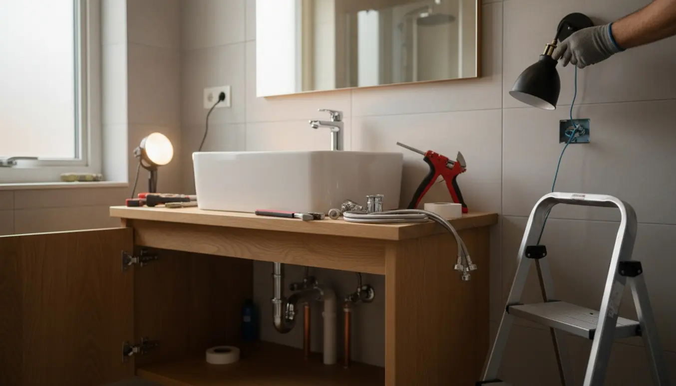 Ny porcelænsvask monteret på et træunderskab i et badeværelse, mens en lampe er ved at blive ophængt.