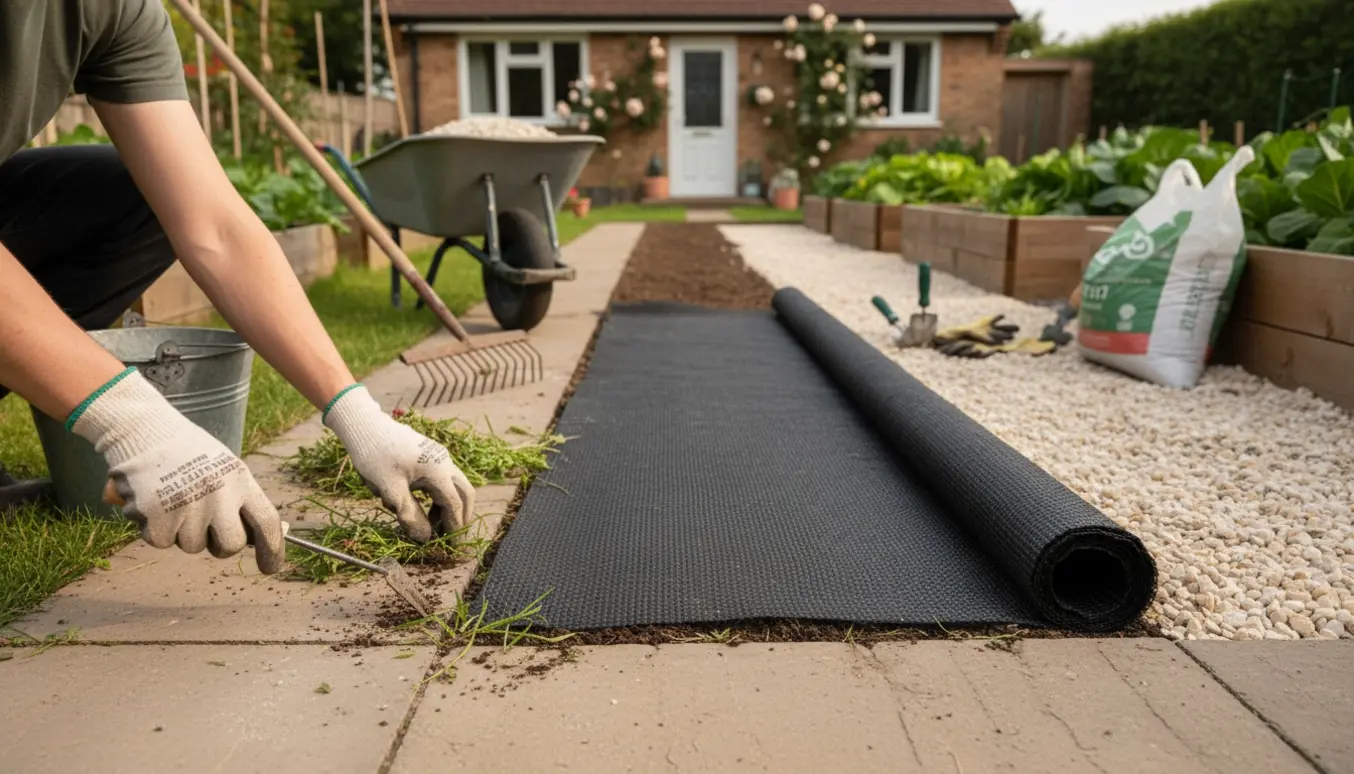 Hænder luger mellem fliser og ruller ukrudtsdug ud før lægning af småsten langs en sti ved et økologisk hus.