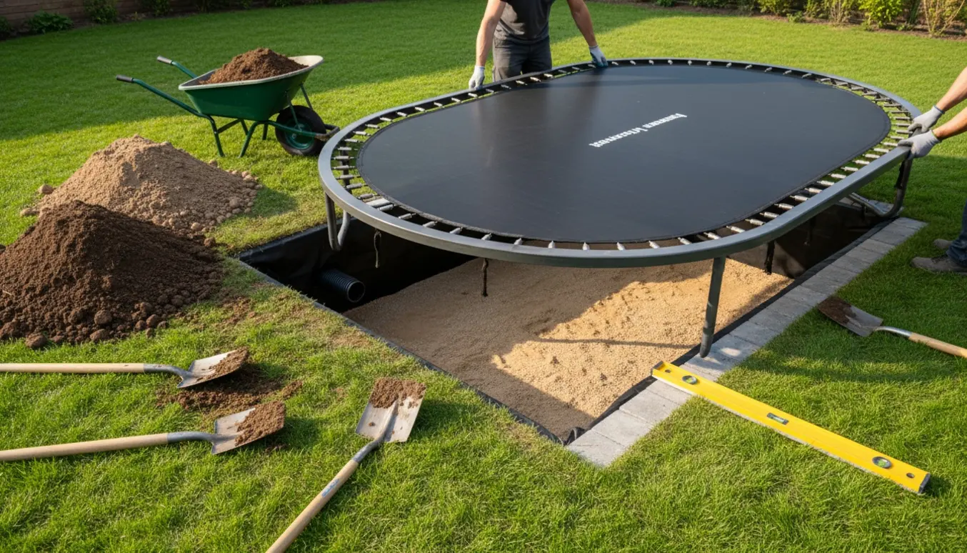 Oval trampolin delvist nedgravet i baghave med værktøj og jordbunker ved siden af.