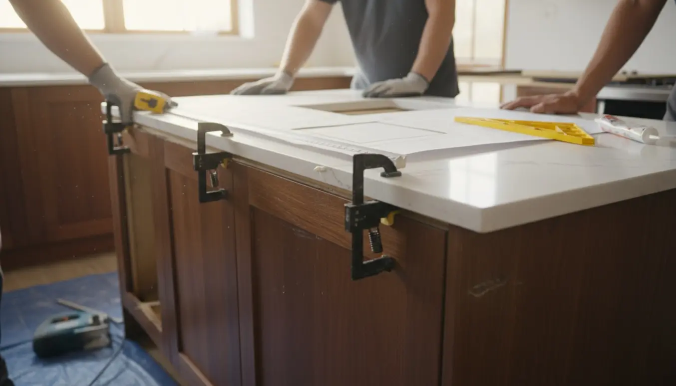Hænder måler og monterer en ny køkkenbordplade med værktøj og udskæring til vask i et lyst køkken.