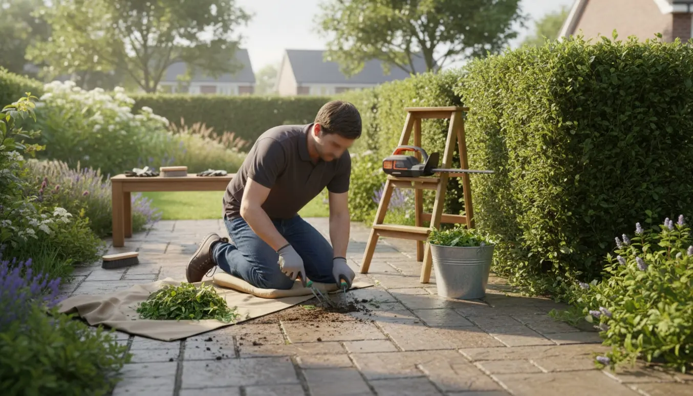 Hænder i handsker luger ukrudt mellem fliser med en halvt klippet hæk og haveredskaber i baggrunden.