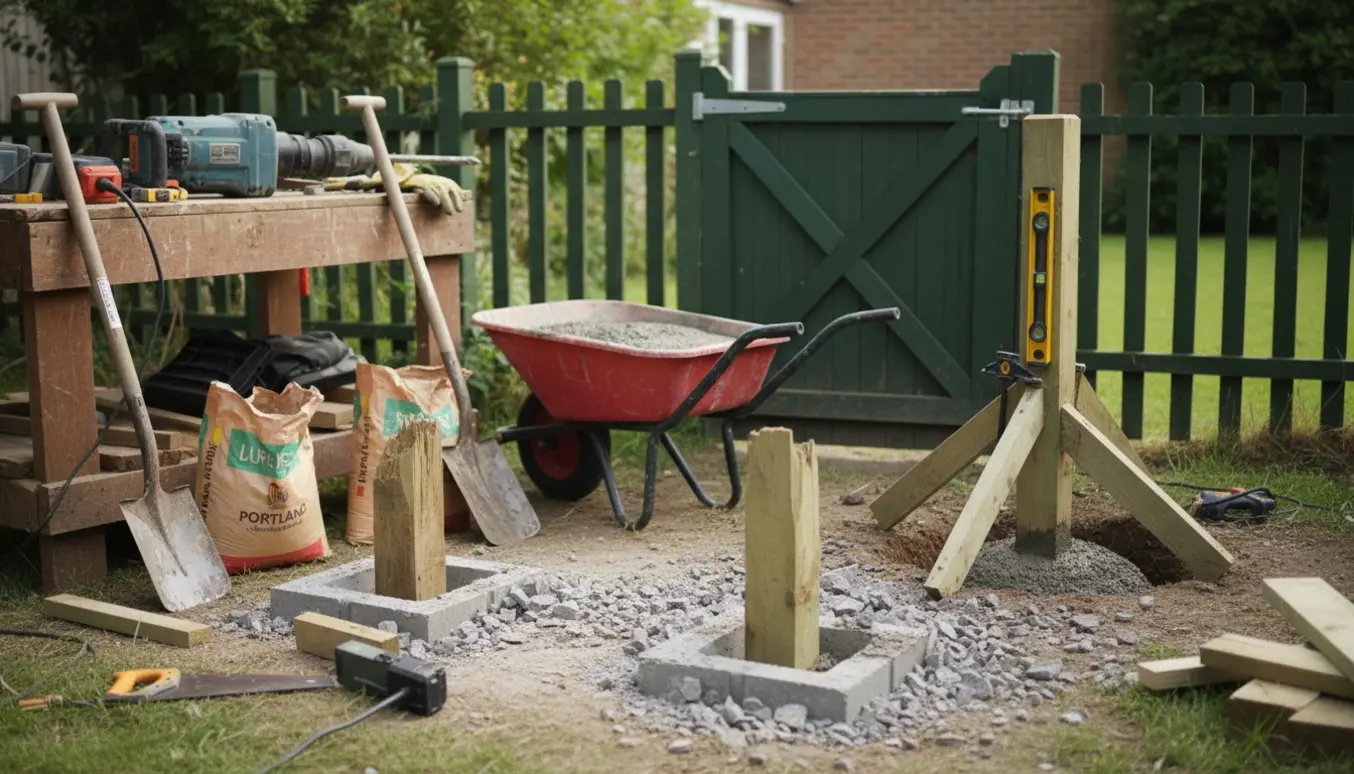 Udskiftning af to stakitstolper i have: knækkede stolper i beton, nye stolper i våd beton og udlagt værktøj.