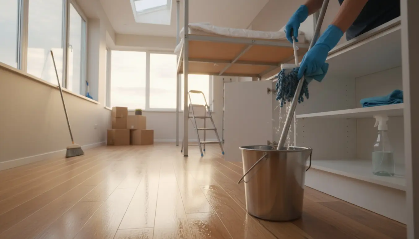 Hænder rengør gulv, skabe og vinduer i en lys studiolejlighed med loft ved flytterengøring.