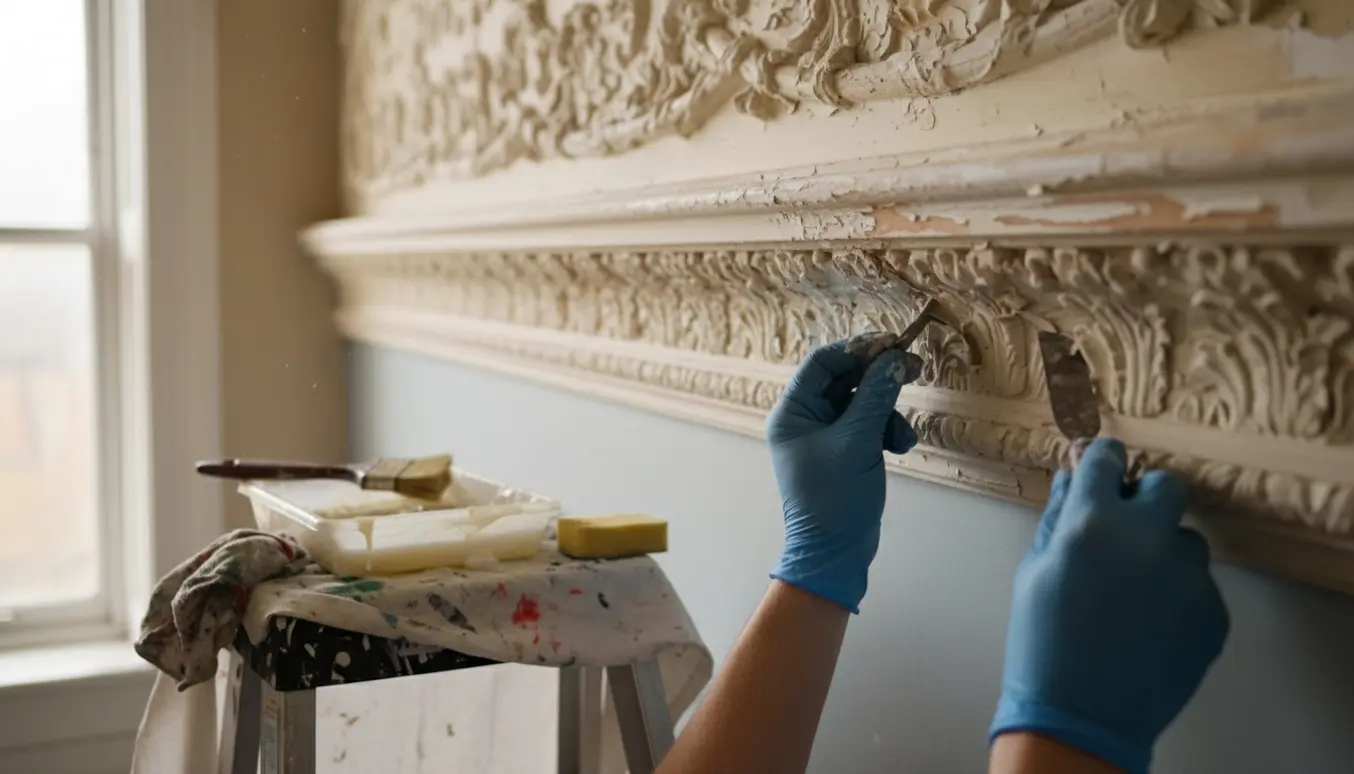 Hænder fjerner gammel maling fra bred stuk i et lyst værelse med stige og afdækningsdug på gulvet.