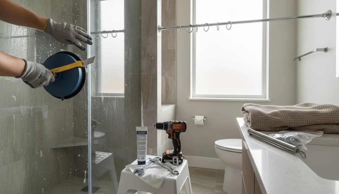 Hænder fjerner en glasbrusekabine for at opsætte et badeforhæng i et lyst badeværelse.