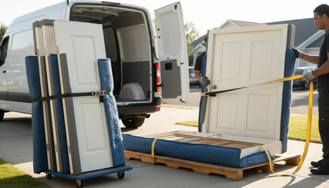 To smalle døre og en bred dørkarm bliver forsigtigt lastet i en varevogn på en indkørsel.