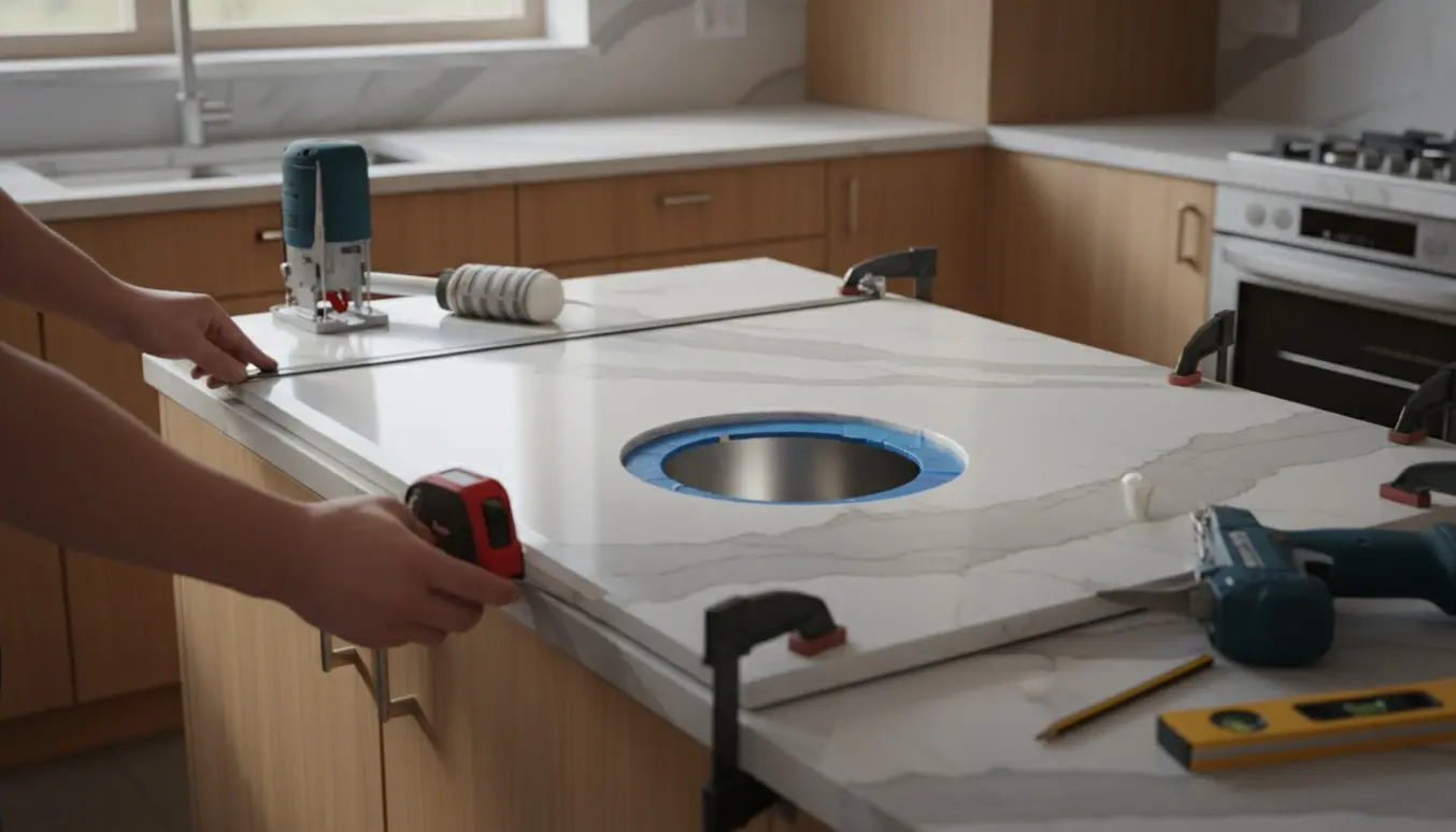 Hænder måler og monterer en køkkenbordplade i et lyst, moderne køkken med værktøj i fokus.