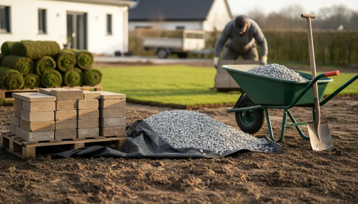 Baghave under oprydning: bunker af herregårdssten og granitskærver, værktøj og rullegræs klar til anlæg.
