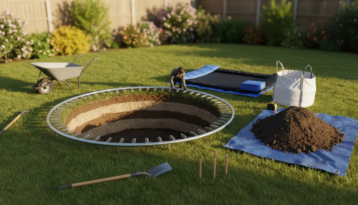 Halvt nedgravet 4 m trampolin i en parcelhushave med udgravet jord og værktøj.