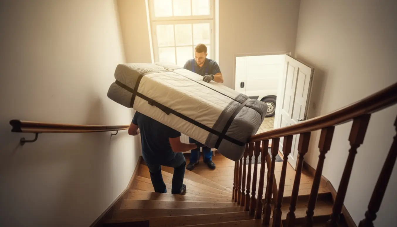 To flyttemænd bærer en pakket 120x200 cm boxmadras ned ad en lys opgang mod en ventende varevogn.